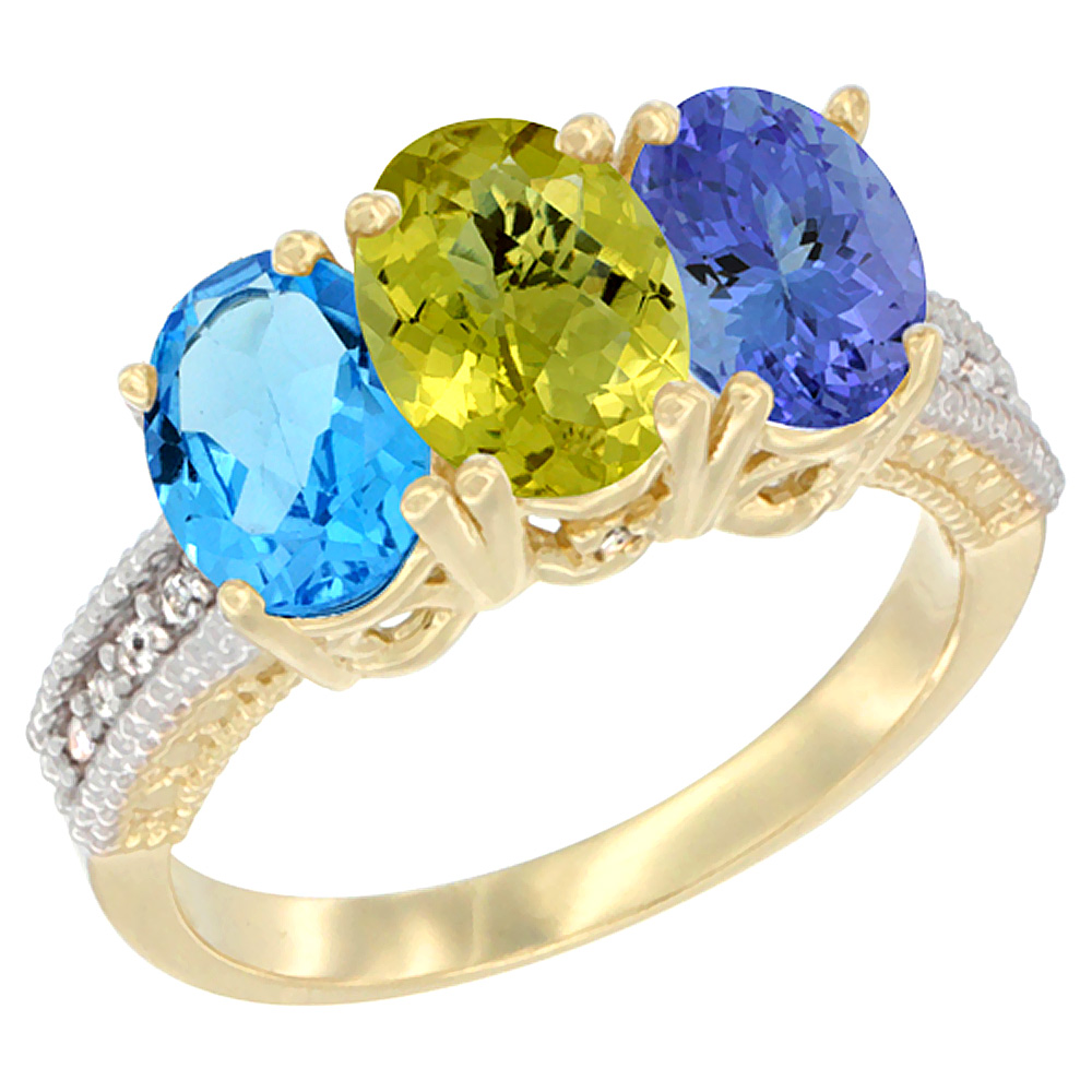10K Yellow Gold Diamond Natural Swiss Blue Topaz, Lemon Quartz & Tanzanite Ring 3-Stone Oval 7x5 mm, sizes 5 - 10