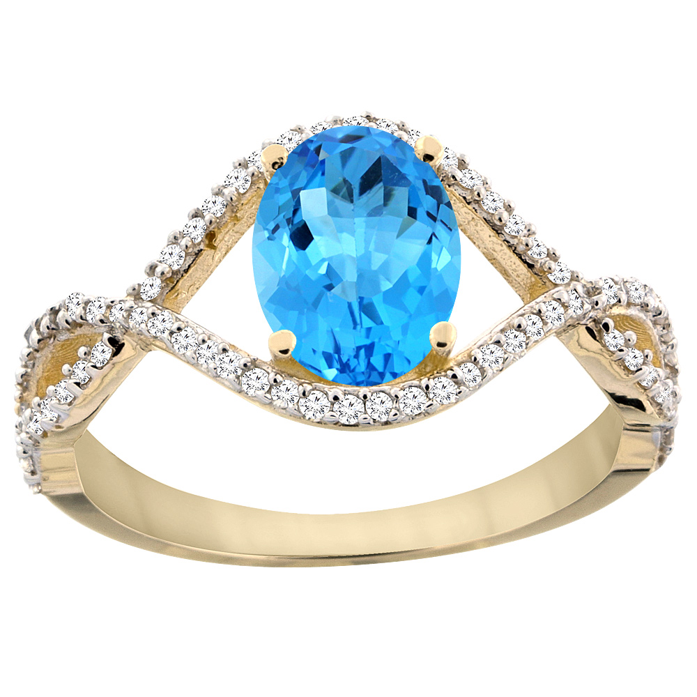 14K Yellow Gold Natural Swiss Blue Topaz Ring Oval 8x6 mm Infinity Diamond Accents, sizes 5 - 10