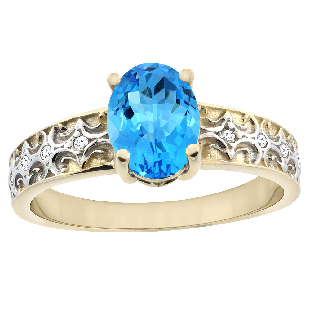 14K Yellow Gold Natural Swiss Blue Topaz Ring Oval 8x6 mm Diamond Accents, sizes 5 - 10