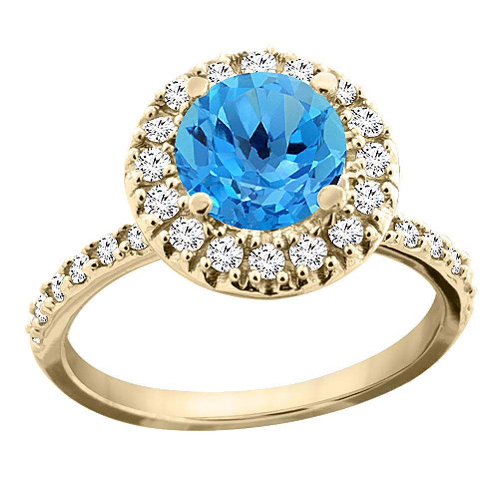14K Yellow Gold Natural Swiss Blue Topaz Ring Round 8mm Floating Halo Diamond, sizes 5 - 10