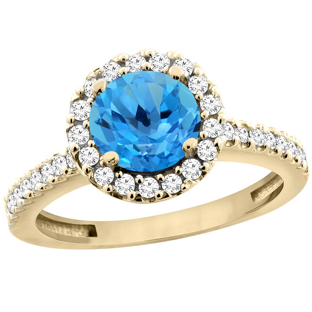 14K Yellow Gold Natural Swiss Blue Topaz Ring Round 6mm Floating Halo Diamond, sizes 5 - 10
