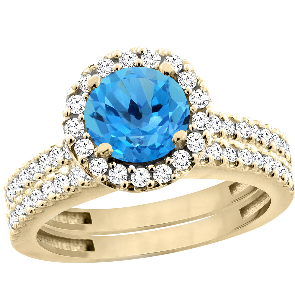 14K Yellow Gold Natural Swiss Blue Topaz Round 6mm 2-Piece Engagement Ring Set Floating Halo Diamond, sizes 5 - 10