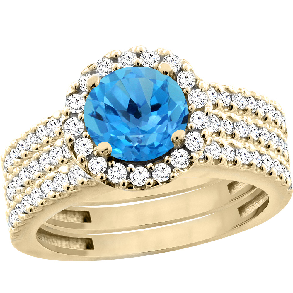 10K Yellow Gold Genuine Blue Topaz 3-Piece Bridal Ring Set Round 6mm Halo Diamond sizes 5 - 10