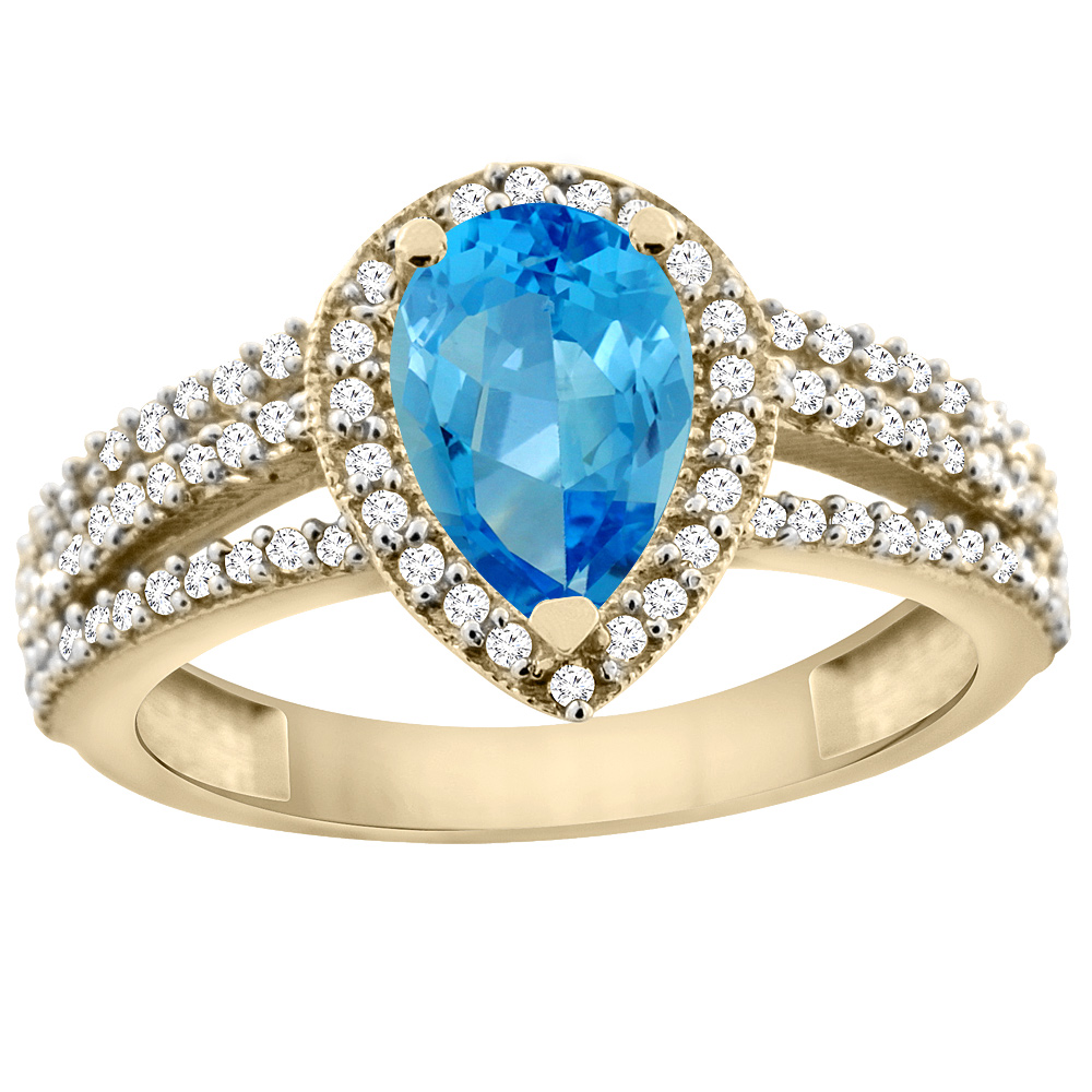 10K Yellow Gold Genuine Blue Topaz Ring 9x7 Pear Halo Diamond sizes 5 - 10