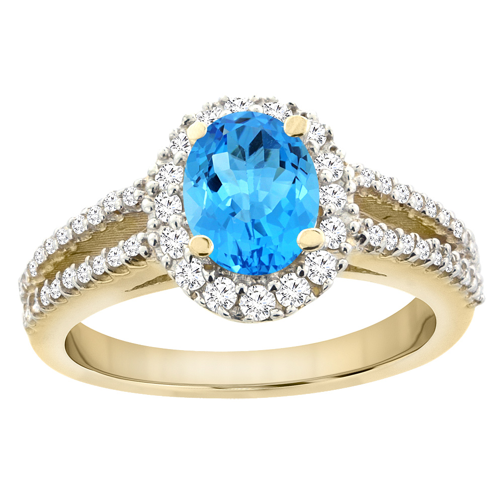 14K Yellow Gold Natural Swiss Blue Topaz Split Shank Halo Engagement Ring Oval 7x5 mm, sizes 5 - 10