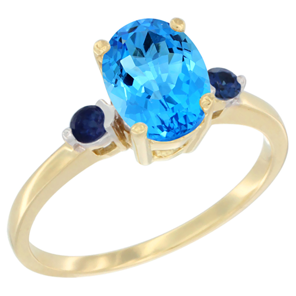 14K Yellow Gold Natural Swiss Blue Topaz Ring Oval 9x7 mm Blue Sapphire Accent, sizes 5 to 10