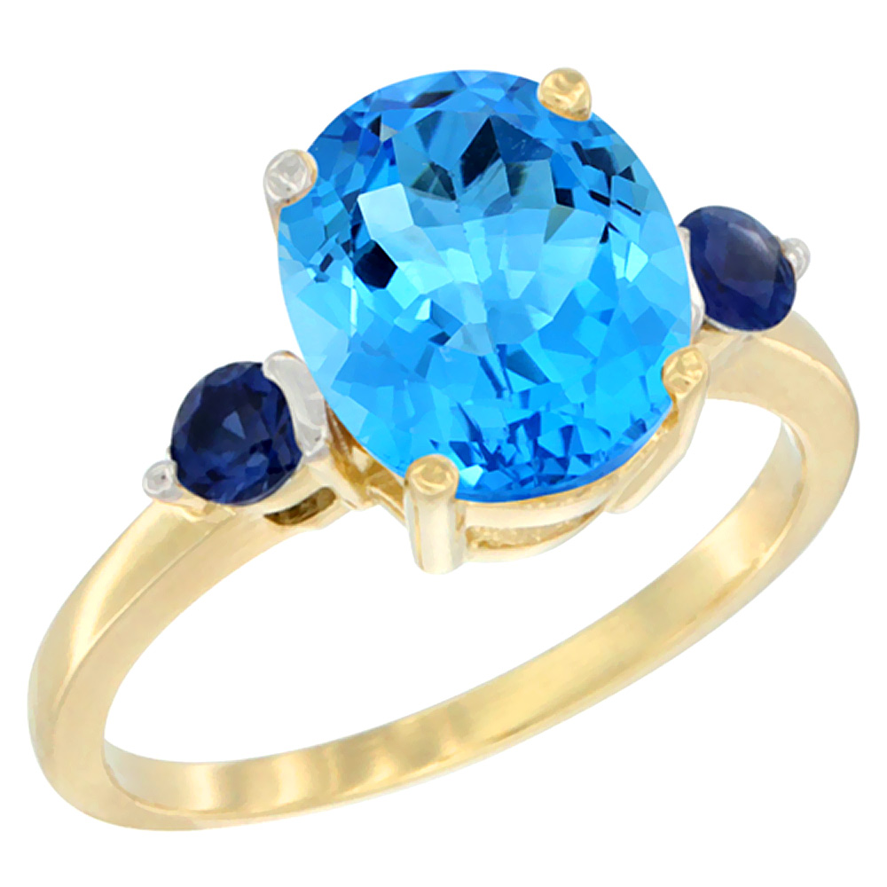 10K Yellow Gold 10x8mm Oval Natural Swiss Blue Topaz Ring for Women Blue Sapphire Side-stones sizes 5 - 10