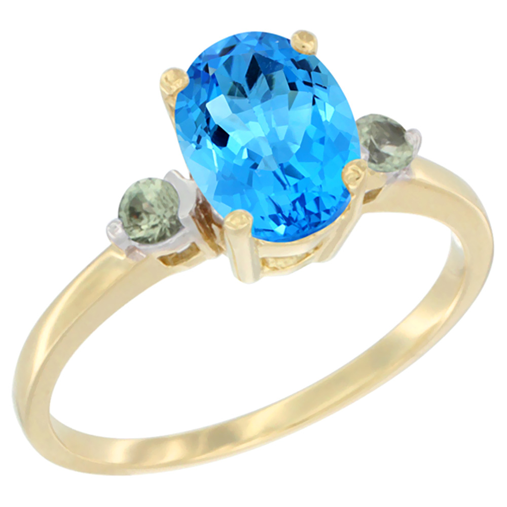 10K Yellow Gold Natural Swiss Blue Topaz Ring Oval 9x7 mm Green Sapphire Accent, sizes 5 to 10