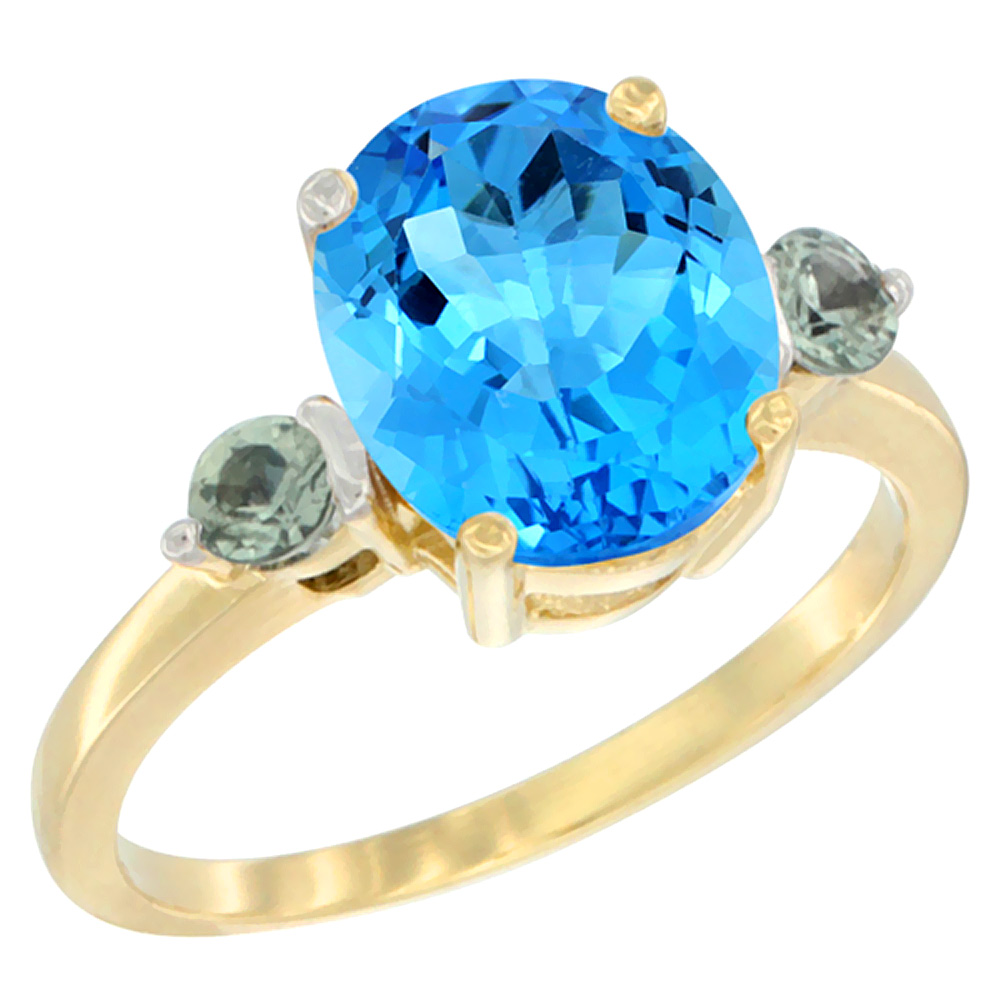 14K Yellow Gold 10x8mm Oval Natural Swiss Blue Topaz Ring for Women Green Sapphire Side-stones sizes 5 - 10