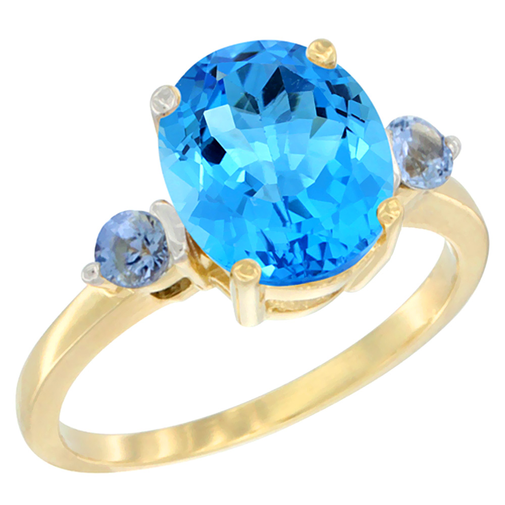 10K Yellow Gold 10x8mm Oval Natural Swiss Blue Topaz Ring for Women Light Blue Sapphire Side-stones sizes 5 - 10