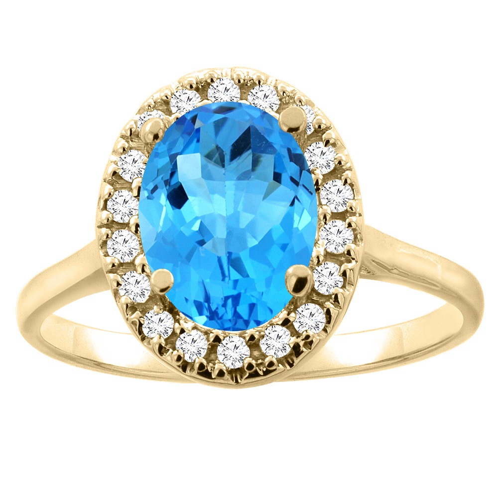 14K Gold Natural Swiss Blue Topaz Halo Ring Oval 9x7mm Diamond Accent, sizes 5 - 10