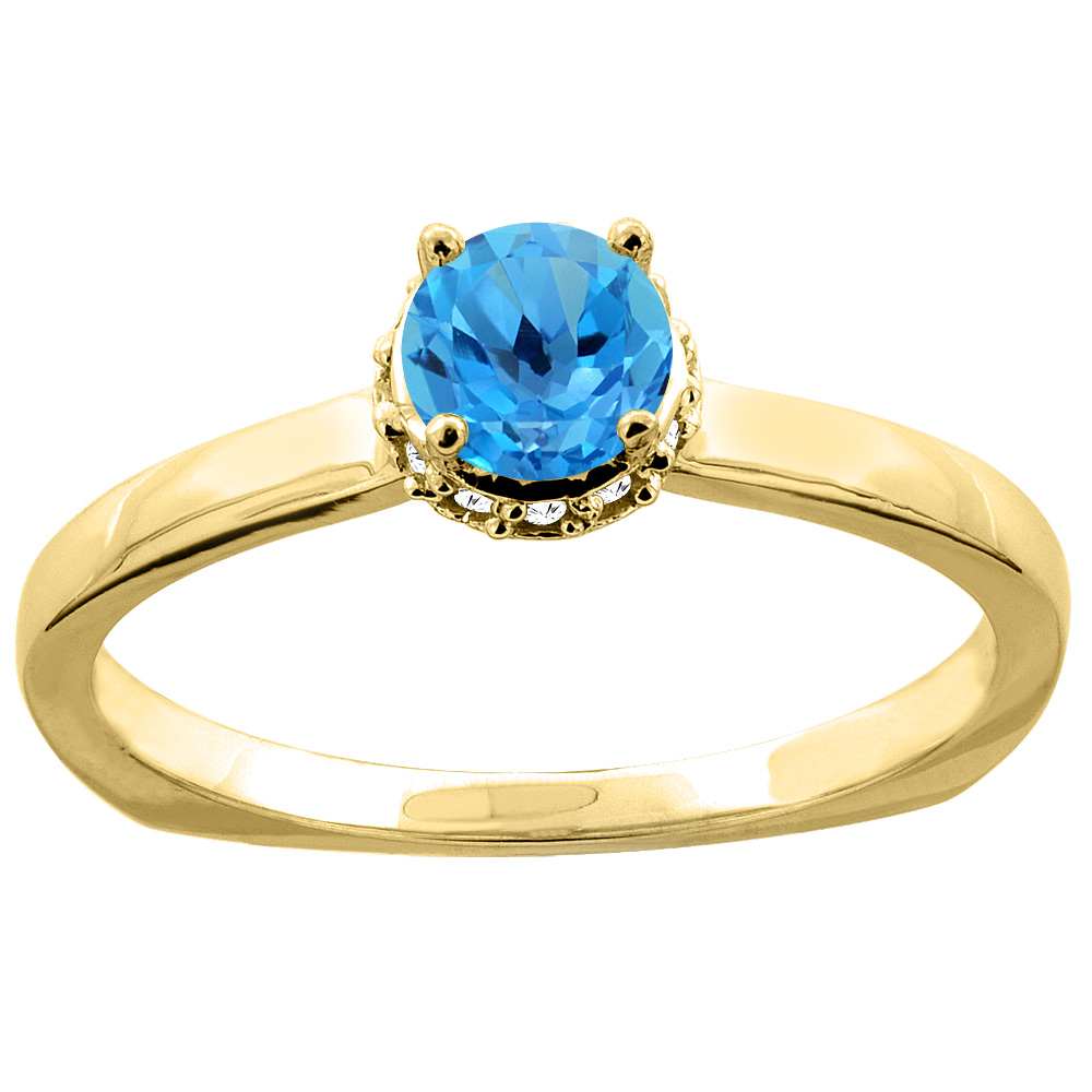 14K Yellow Gold Natural Swiss Blue Topaz Solitaire Engagement Ring Round 4mm Diamond Accents, size 7