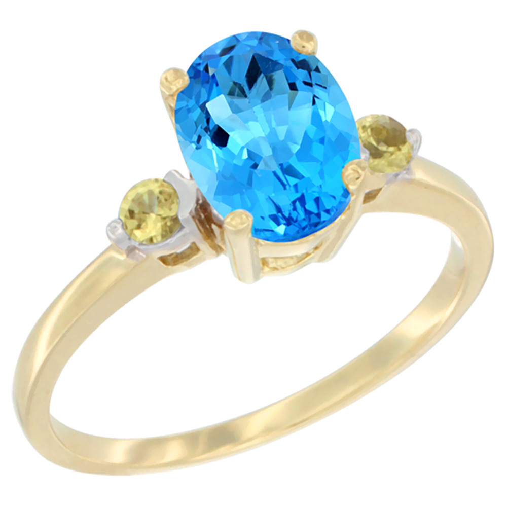 14K Yellow Gold Natural Swiss Blue Topaz Ring Oval 9x7 mm Yellow Sapphire Accent, sizes 5 to 10