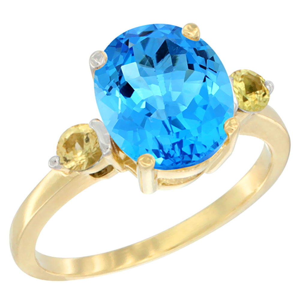 10K Yellow Gold 10x8mm Oval Natural Swiss Blue Topaz Ring for Women Yellow Sapphire Side-stones sizes 5 - 10