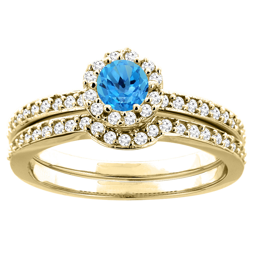 10K Yellow Gold Natural Swiss Blue Topaz 2-pc Bridal Ring Set Diamond Accent Round 4mm, sizes 5 - 10