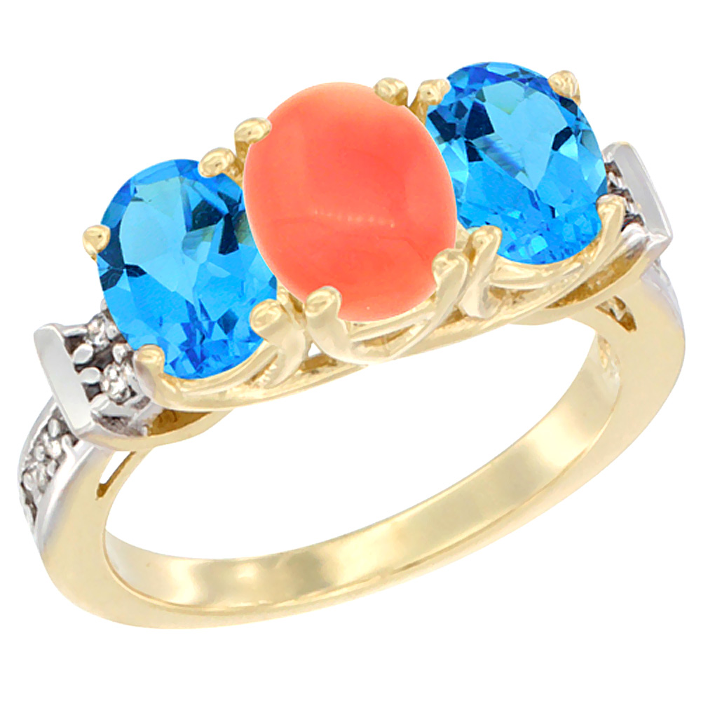 10K Yellow Gold Natural Coral & Swiss Blue Topaz Sides Ring 3-Stone Oval Diamond Accent, sizes 5 - 10