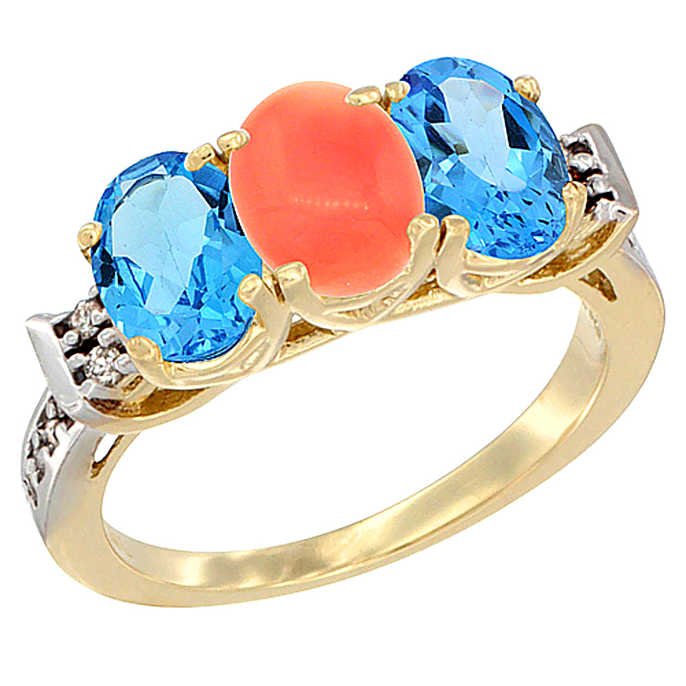 14K Yellow Gold Natural Coral & Swiss Blue Topaz Sides Ring 3-Stone 7x5 mm Oval Diamond Accent, sizes 5 - 10