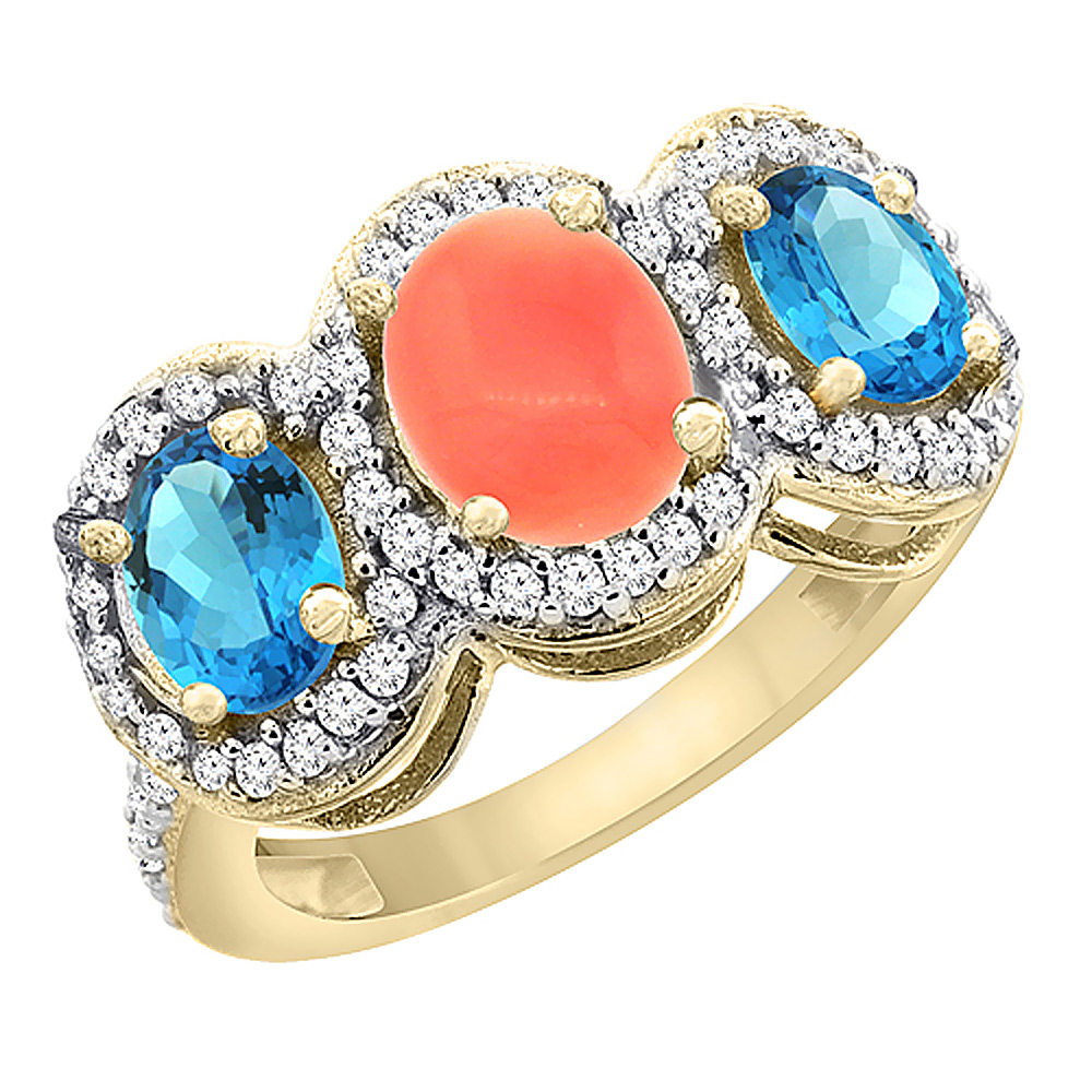 14K Yellow Gold Natural Coral & Swiss Blue Topaz 3-Stone Ring Oval Diamond Accent, sizes 5 - 10