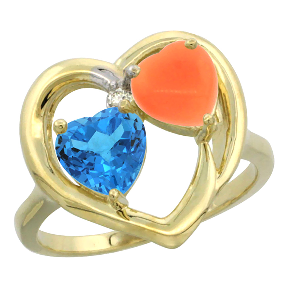10K Yellow Gold Diamond Two-stone Heart Ring 6mm Natural Swiss Blue Topaz &amp; Coral, sizes 5-10