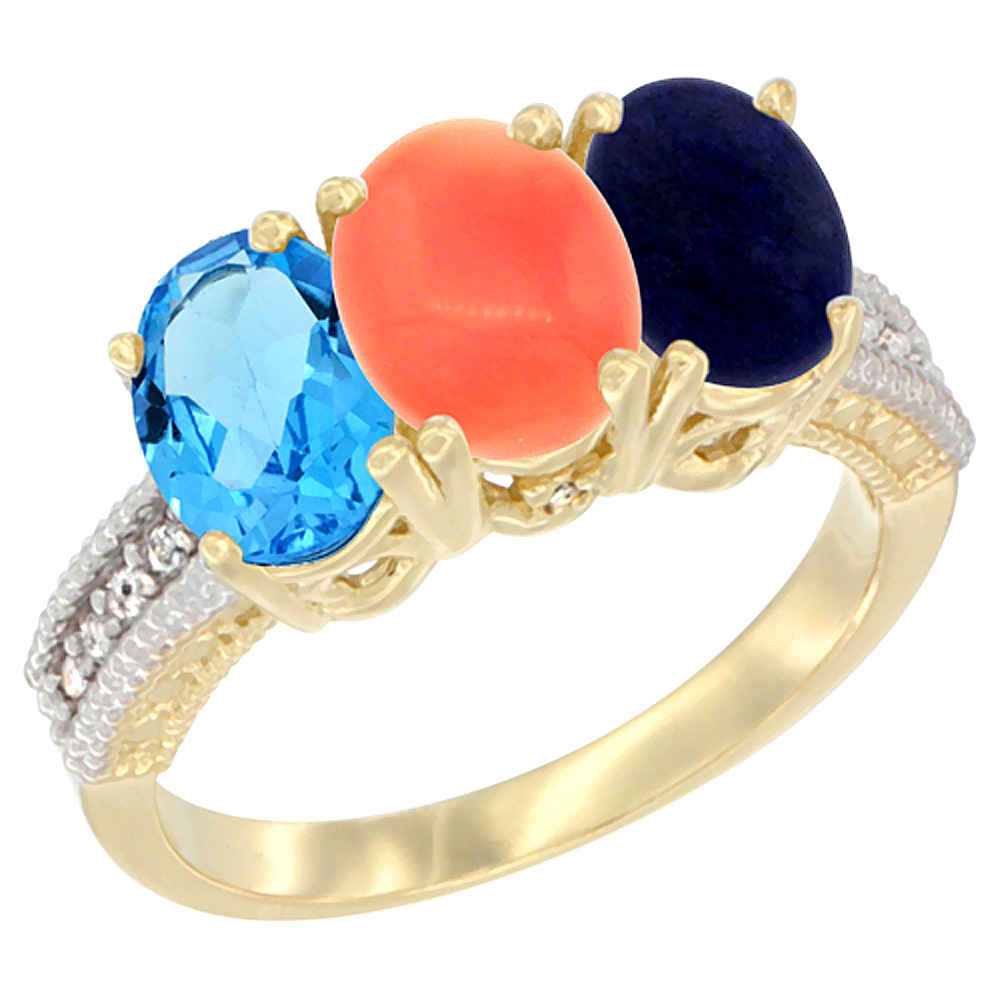 14K Yellow Gold Natural Swiss Blue Topaz, Coral & Lapis Ring 3-Stone 7x5 mm Oval Diamond Accent, sizes 5 - 10