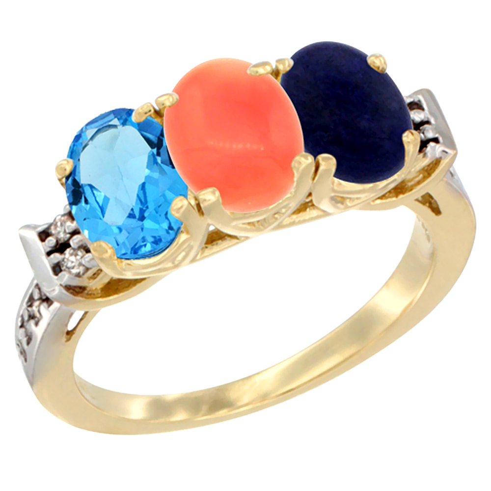 10K Yellow Gold Natural Swiss Blue Topaz, Coral &amp; Lapis Ring 3-Stone Oval 7x5 mm Diamond Accent, sizes 5 - 10