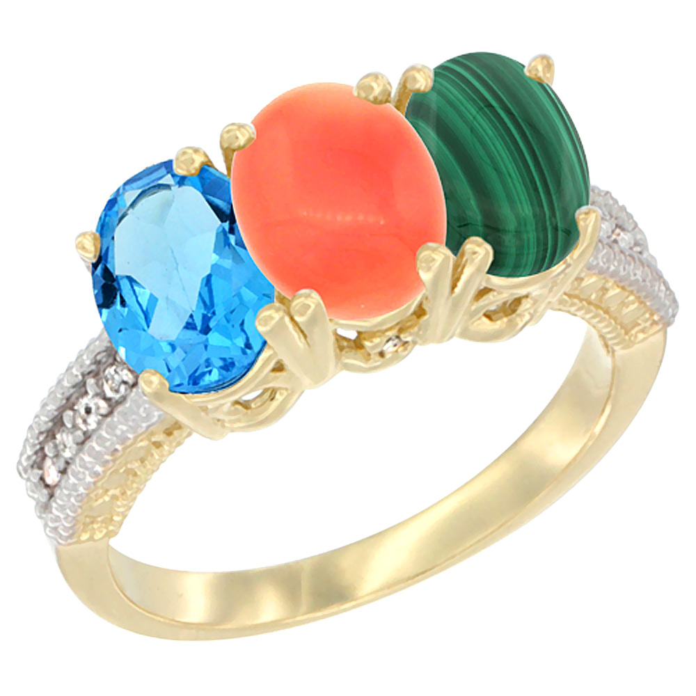 14K Yellow Gold Natural Swiss Blue Topaz, Coral &amp; Malachite Ring 3-Stone 7x5 mm Oval Diamond Accent, sizes 5 - 10