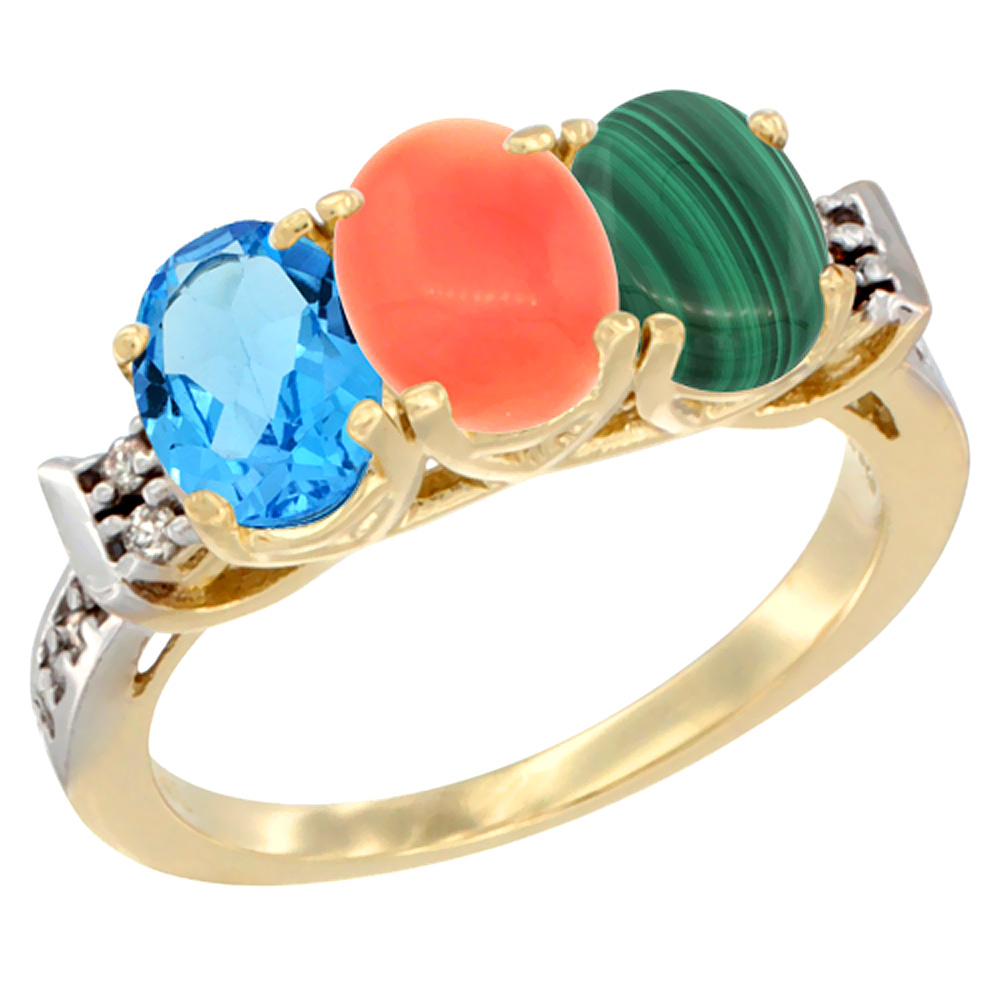 10K Yellow Gold Natural Swiss Blue Topaz, Coral & Malachite Ring 3-Stone Oval 7x5 mm Diamond Accent, sizes 5 - 10