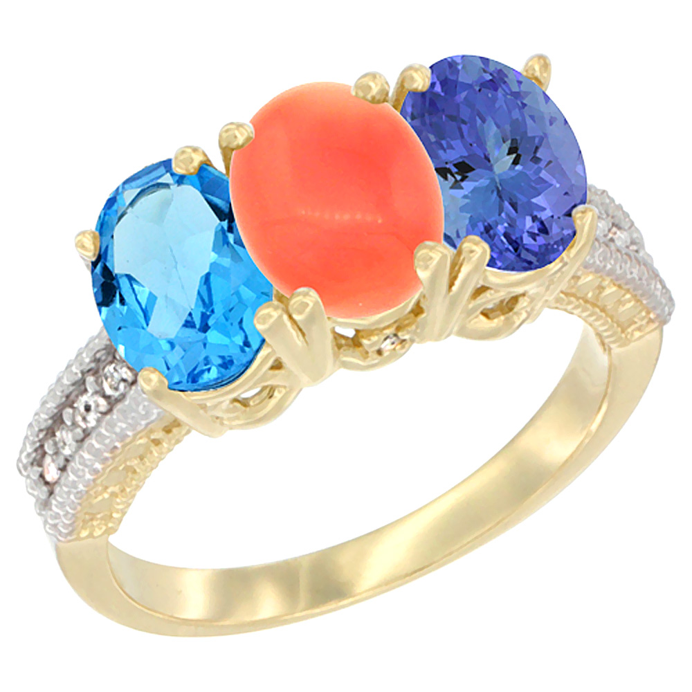 14K Yellow Gold Natural Swiss Blue Topaz, Coral &amp; Tanzanite Ring 3-Stone 7x5 mm Oval Diamond Accent, sizes 5 - 10