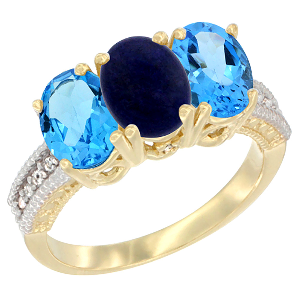 14K Yellow Gold Natural Lapis & Swiss Blue Topaz Sides Ring 3-Stone 7x5 mm Oval Diamond Accent, sizes 5 - 10