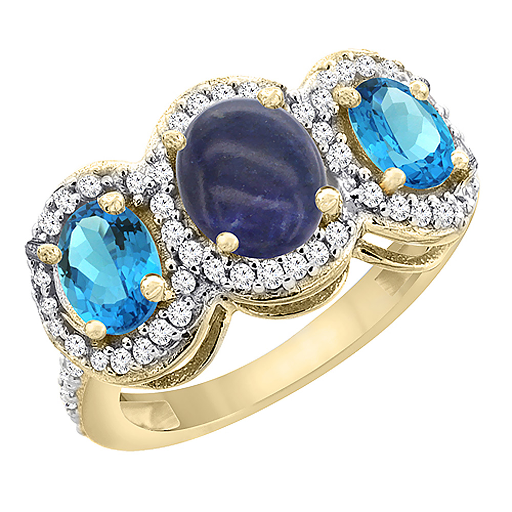 14K Yellow Gold Natural Lapis &amp; Swiss Blue Topaz 3-Stone Ring Oval Diamond Accent, sizes 5 - 10