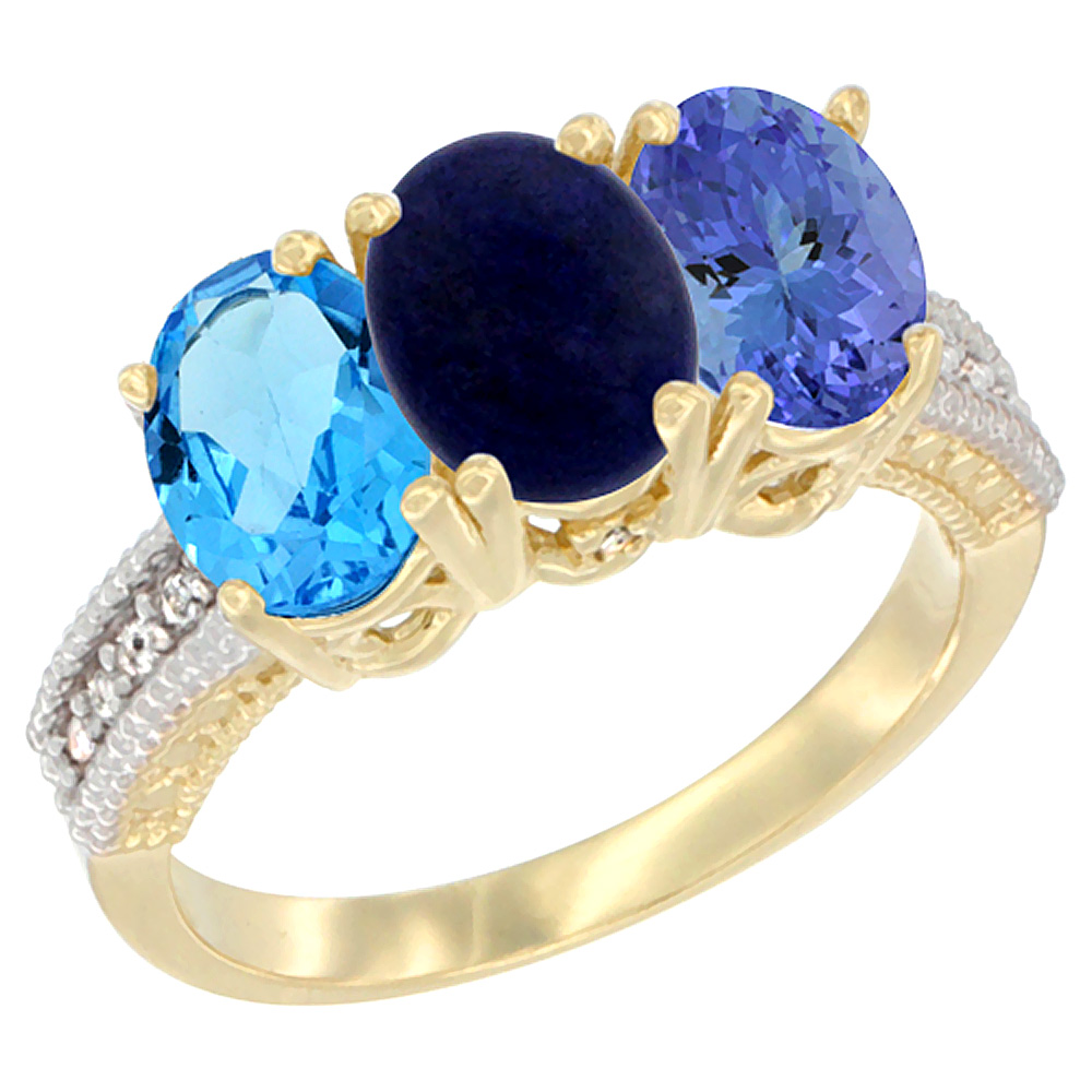 14K Yellow Gold Natural Swiss Blue Topaz, Lapis & Tanzanite Ring 3-Stone 7x5 mm Oval Diamond Accent, sizes 5 - 10