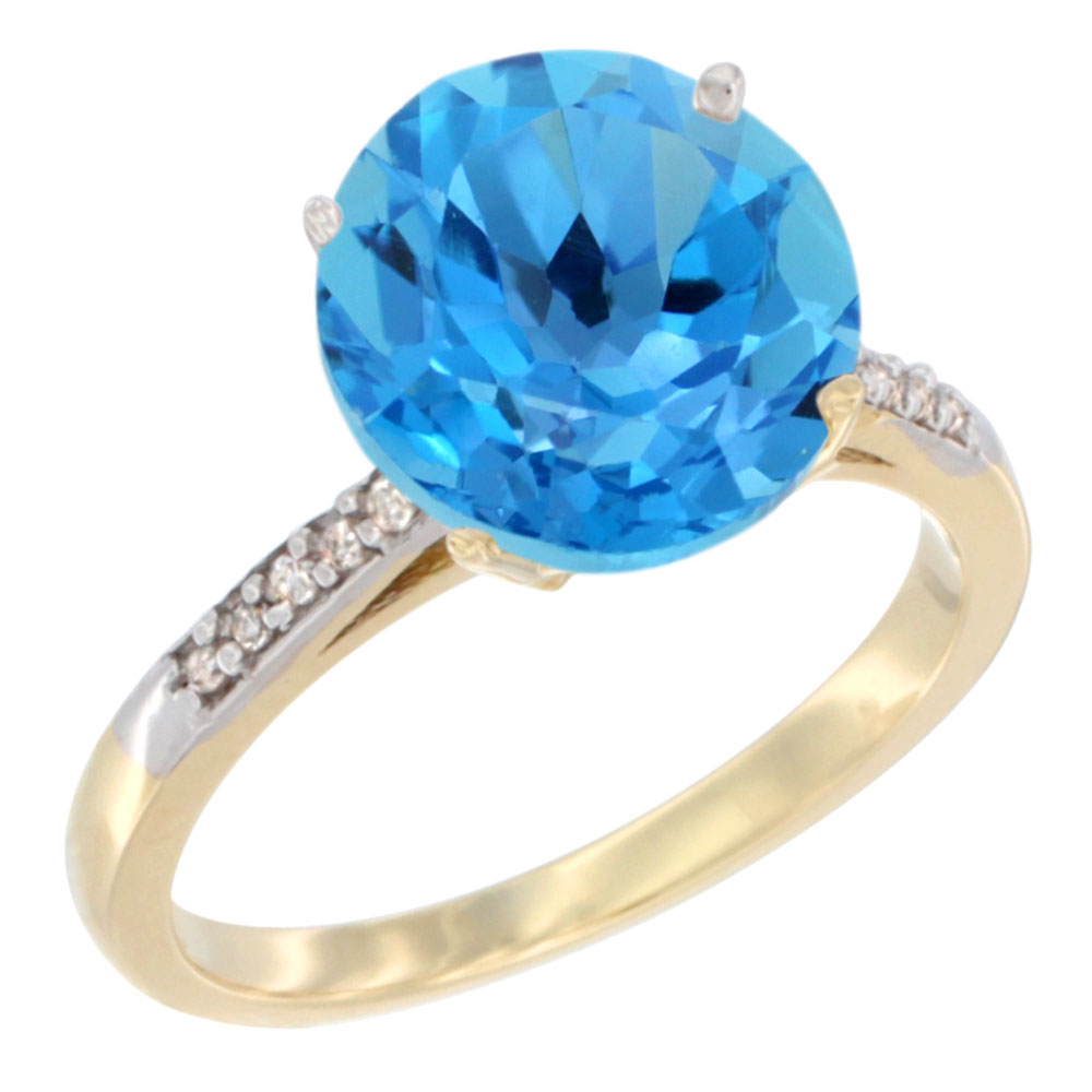 10K Yellow Gold Natural Swiss Blue Topaz Ring Round 10mm Diamond accent, sizes 5 - 10