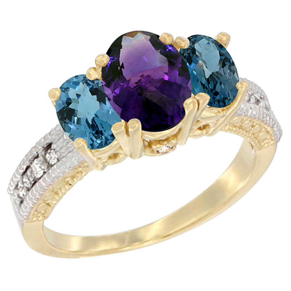14K Yellow Gold Diamond Natural Amethyst Ring Oval 3-stone with London Blue Topaz, sizes 5 - 10