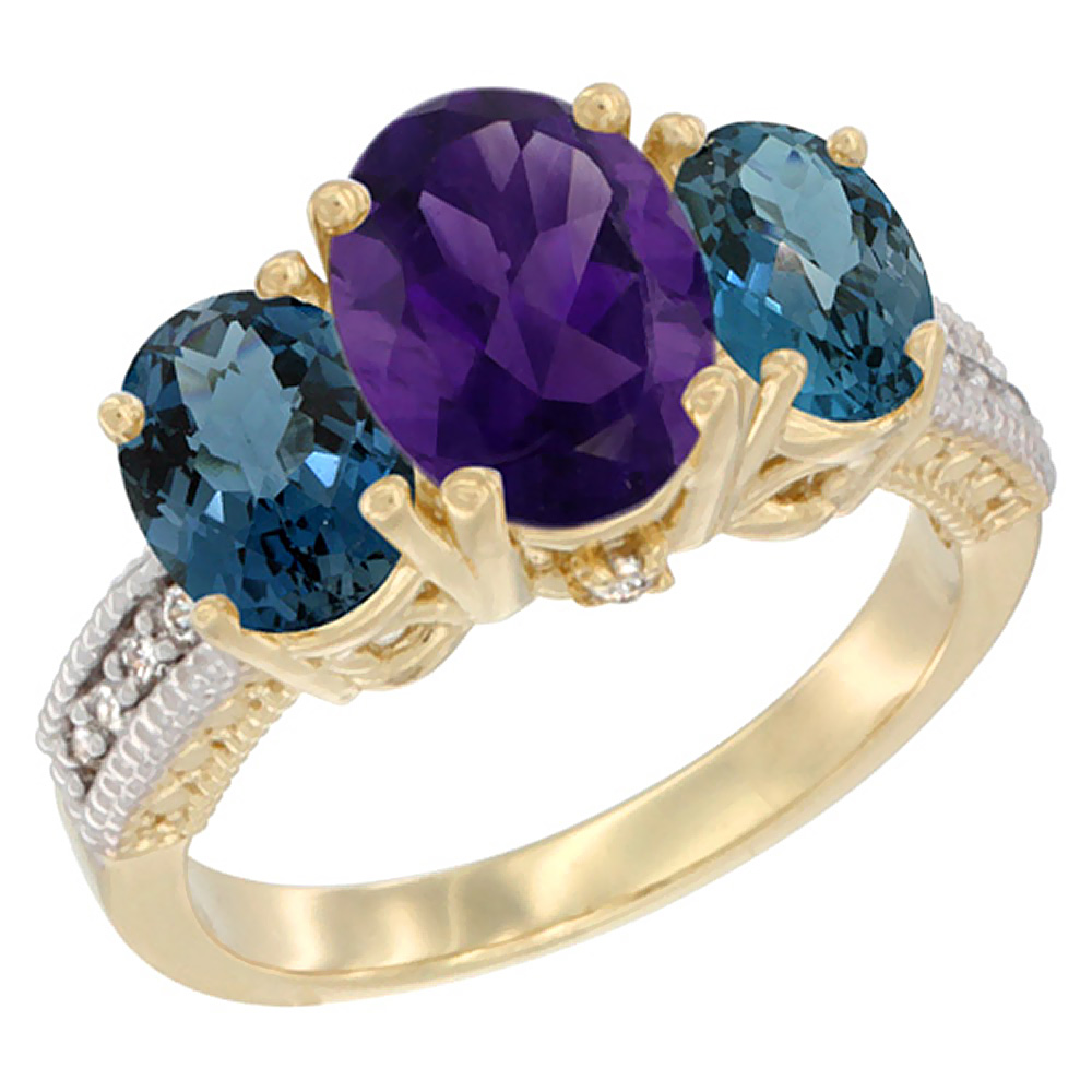 10K Yellow Gold Diamond Natural Amethyst Ring 3-Stone Oval 8x6mm with London Blue Topaz, sizes5-10