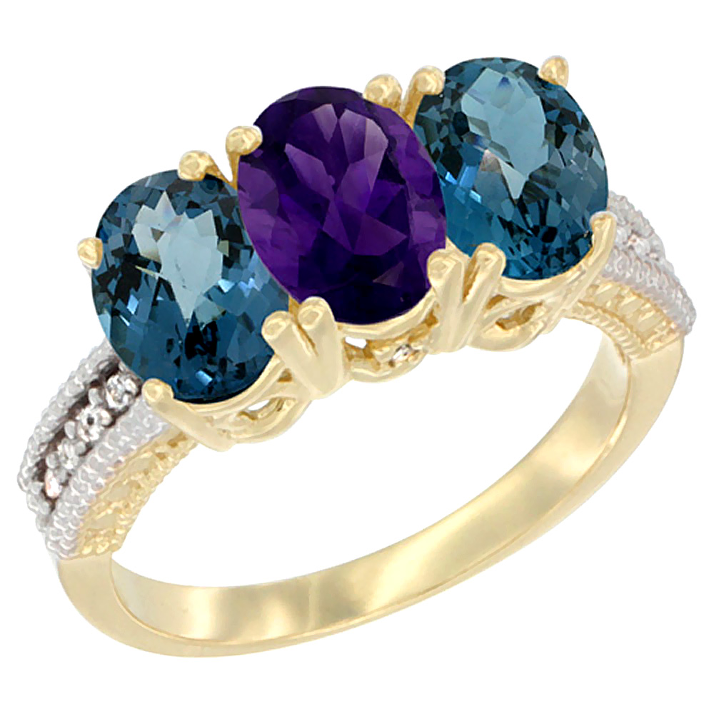 14K Yellow Gold Natural Amethyst & London Blue Topaz Sides Ring 3-Stone 7x5 mm Oval Diamond Accent, sizes 5 - 10