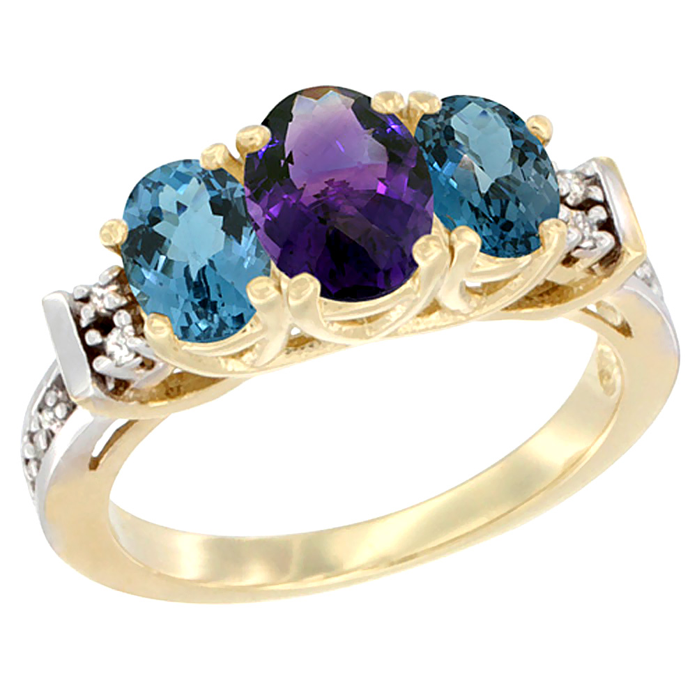 10K Yellow Gold Natural Amethyst &amp; London Blue Topaz Ring 3-Stone Oval Diamond Accent