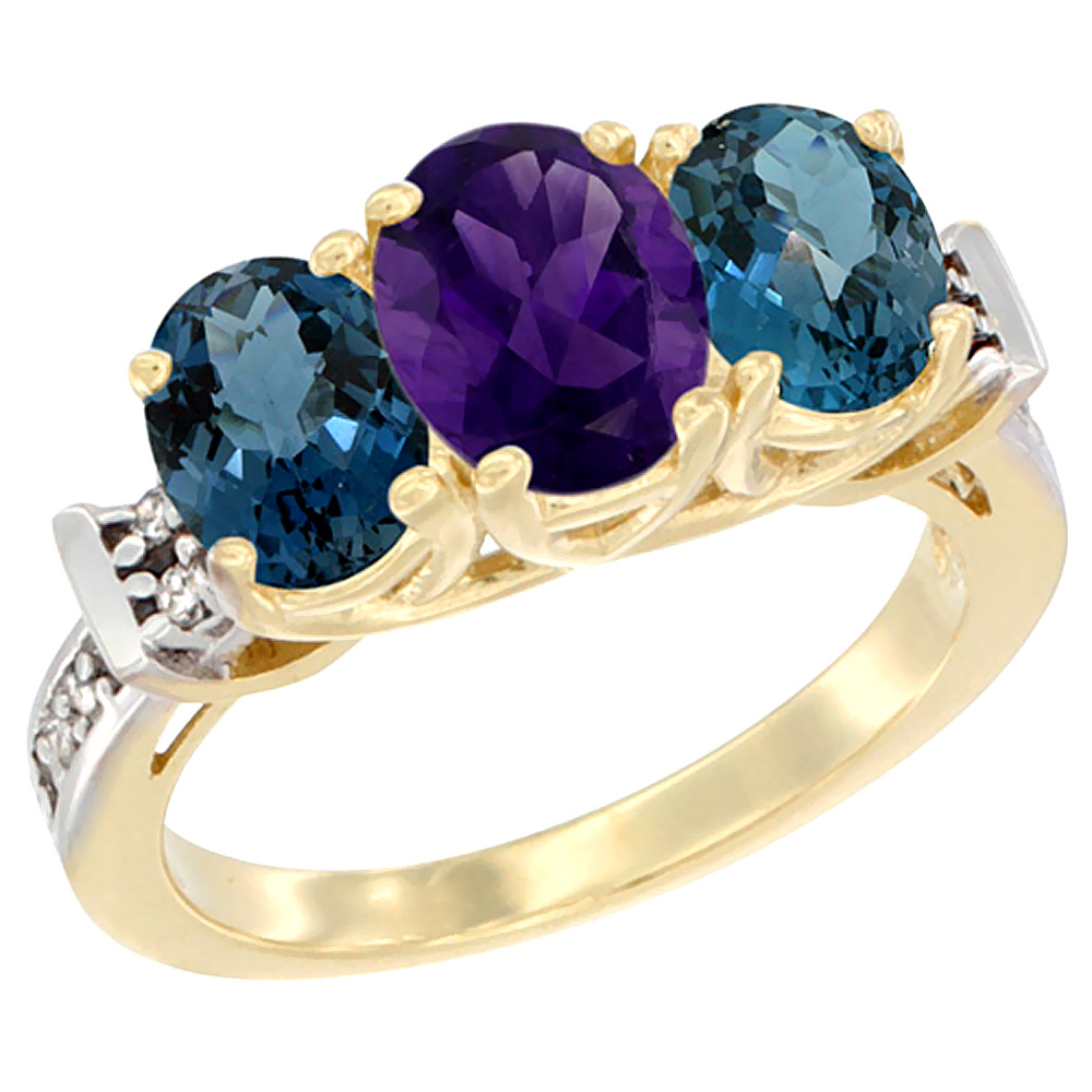 14K Yellow Gold Natural Amethyst & London Blue Topaz Sides Ring 3-Stone Oval Diamond Accent, sizes 5 - 10