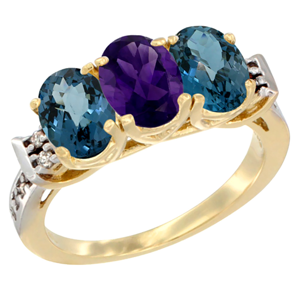10K Yellow Gold Natural Amethyst &amp; London Blue Topaz Sides Ring 3-Stone Oval 7x5 mm Diamond Accent, sizes 5 - 10