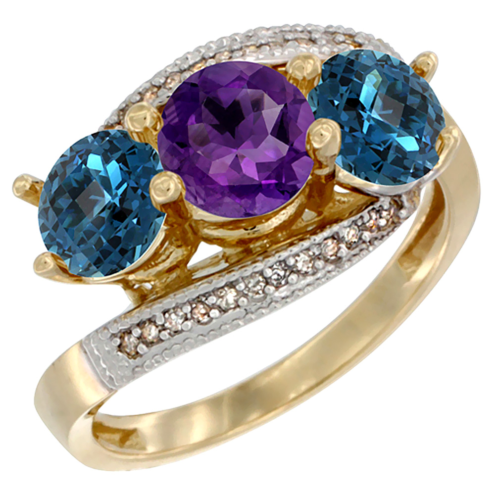 14K Yellow Gold Natural Amethyst & London Blue Topaz Sides 3 stone Ring Round 6mm Diamond Accent, sizes 5 - 10