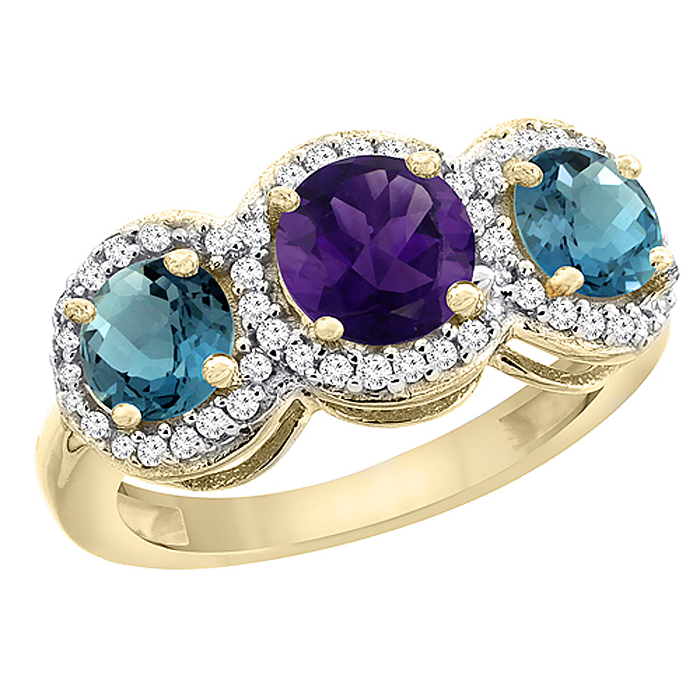 10K Yellow Gold Natural Amethyst & London Blue Topaz Sides Round 3-stone Ring Diamond Accents, sizes 5 - 10