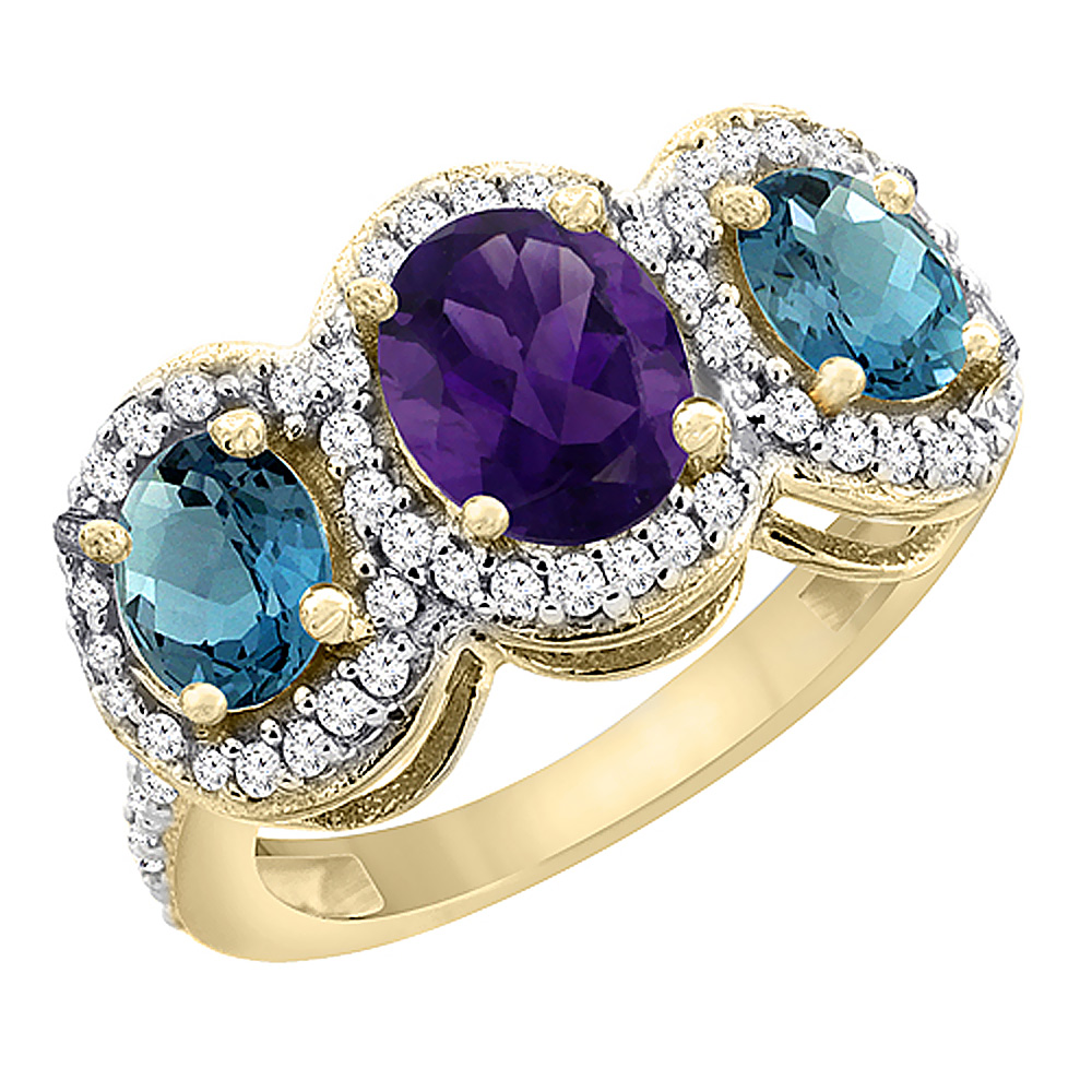 14K Yellow Gold Natural Amethyst &amp; London Blue Topaz 3-Stone Ring Oval Diamond Accent, sizes 5 - 10