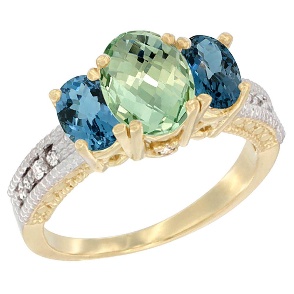 10K Yellow Gold Diamond Natural Green Amethyst Ring Oval 3-stone with London Blue Topaz, sizes 5-10