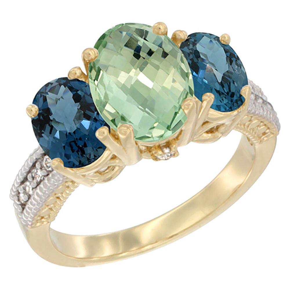 10K Yellow Gold Diamond Natural Green Amethyst Ring 3-Stone Oval 8x6mm with London Blue Topaz, sizes5-10