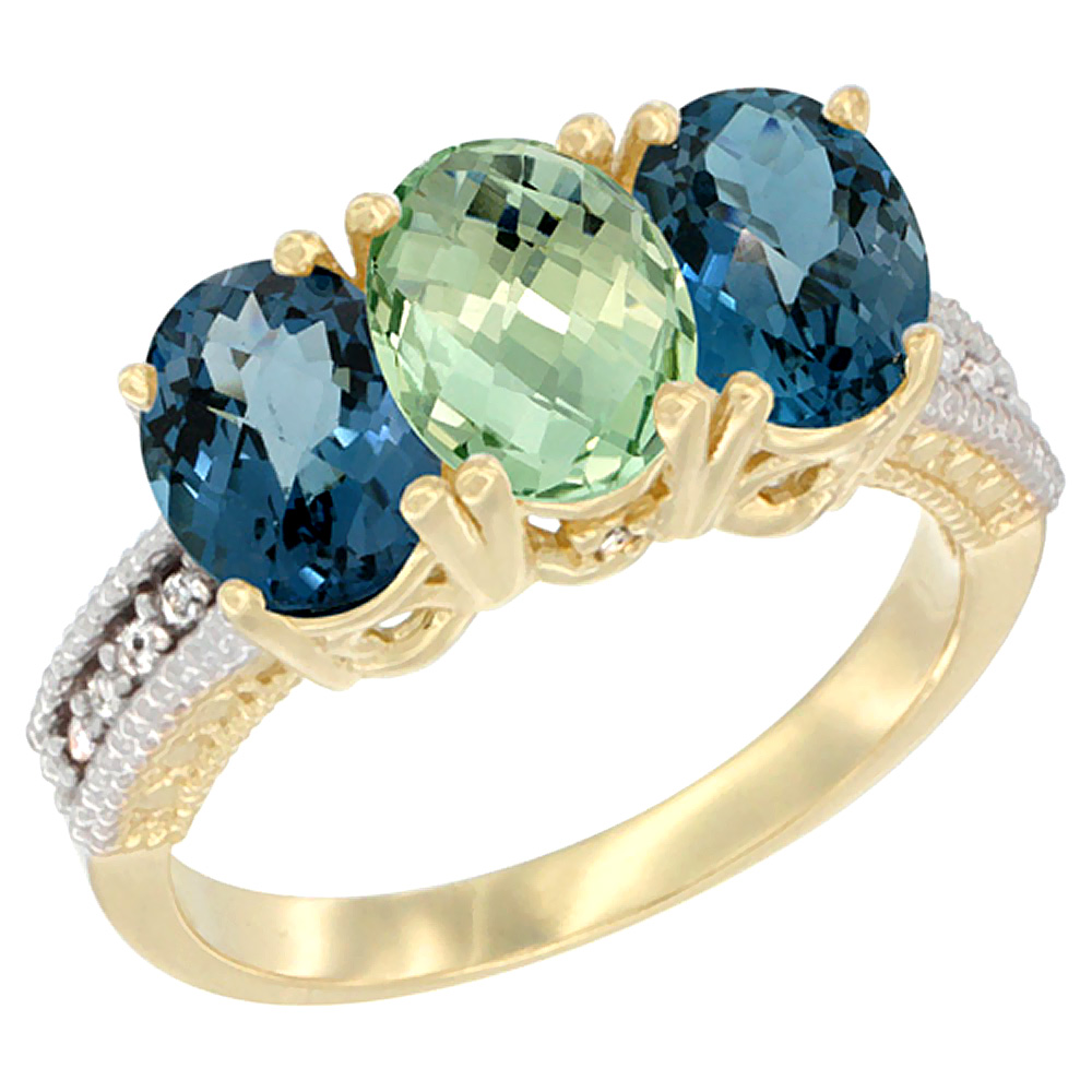 14K Yellow Gold Natural Green Amethyst & London Blue Topaz Sides Ring 3-Stone 7x5 mm Oval Diamond Accent, sizes 5 - 10