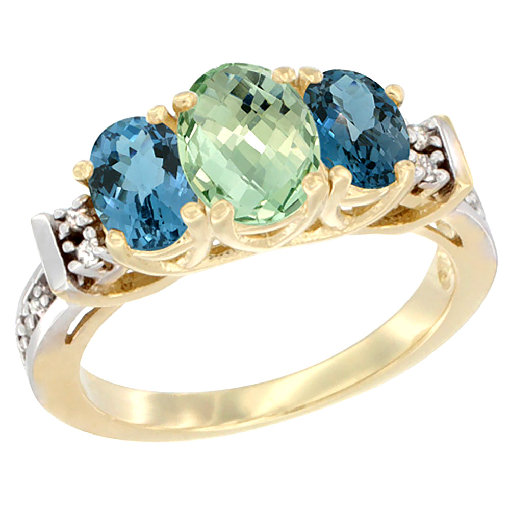 14K Yellow Gold Natural Green Amethyst & London Blue Ring 3-Stone Oval Diamond Accent