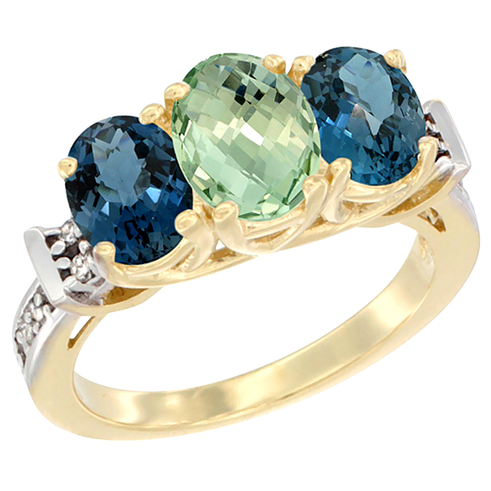 10K Yellow Gold Natural Green Amethyst & London Blue Topaz Sides Ring 3-Stone Oval Diamond Accent, sizes 5 - 10