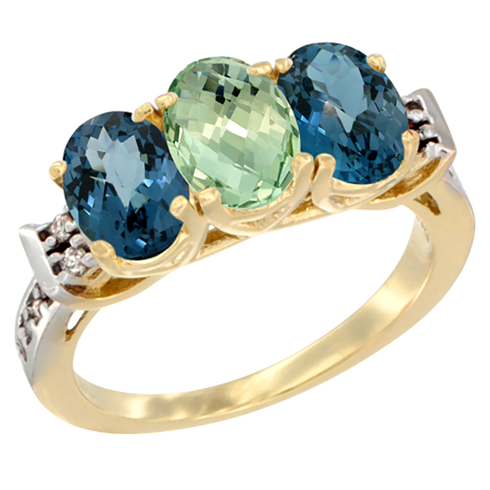 10K Yellow Gold Natural Green Amethyst & London Blue Topaz Sides Ring 3-Stone Oval 7x5 mm Diamond Accent, sizes 5 - 10