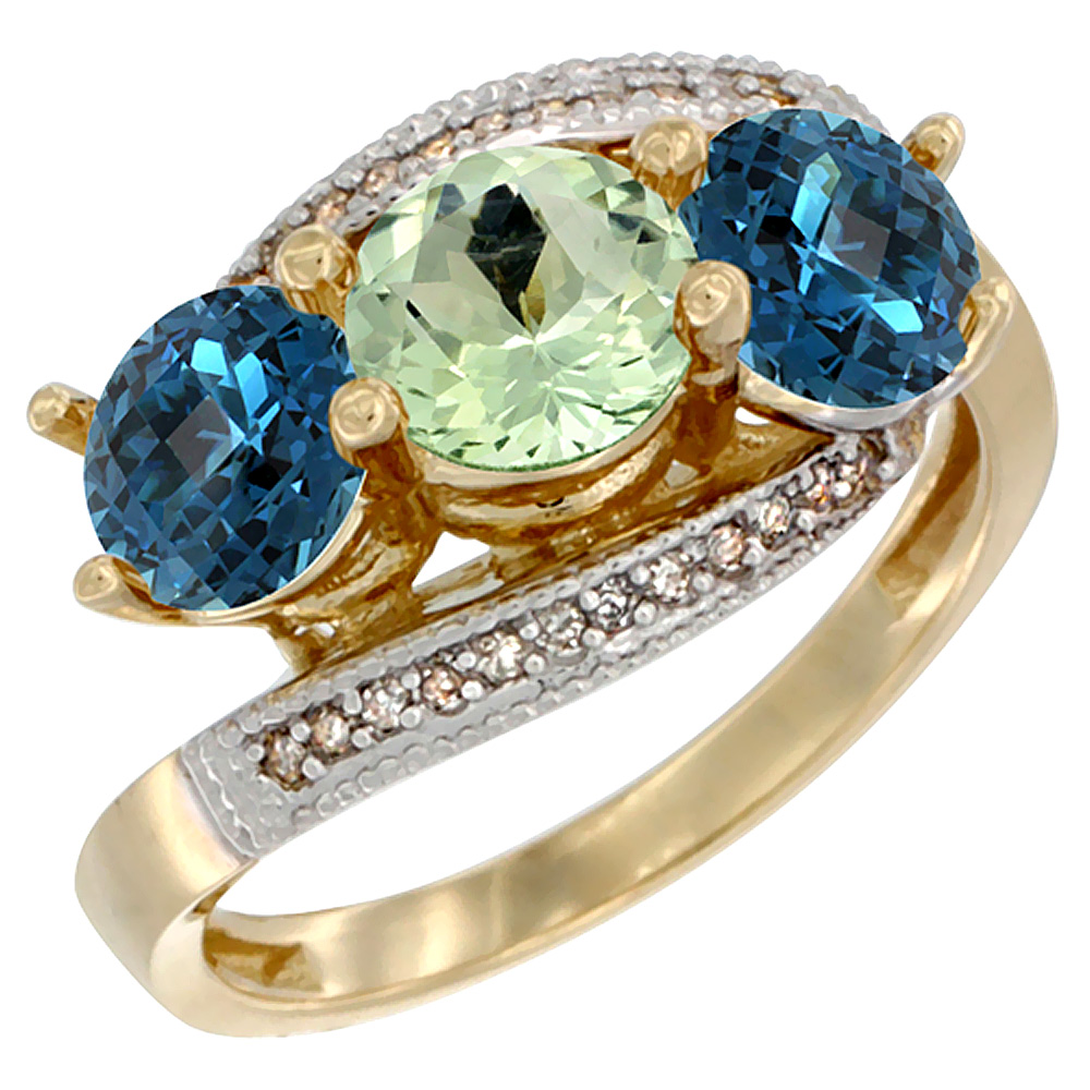 10K Yellow Gold Natural Green Amethyst & London Blue Topaz Sides 3 stone Ring Round 6mm Diamond Accent, sizes 5 - 10