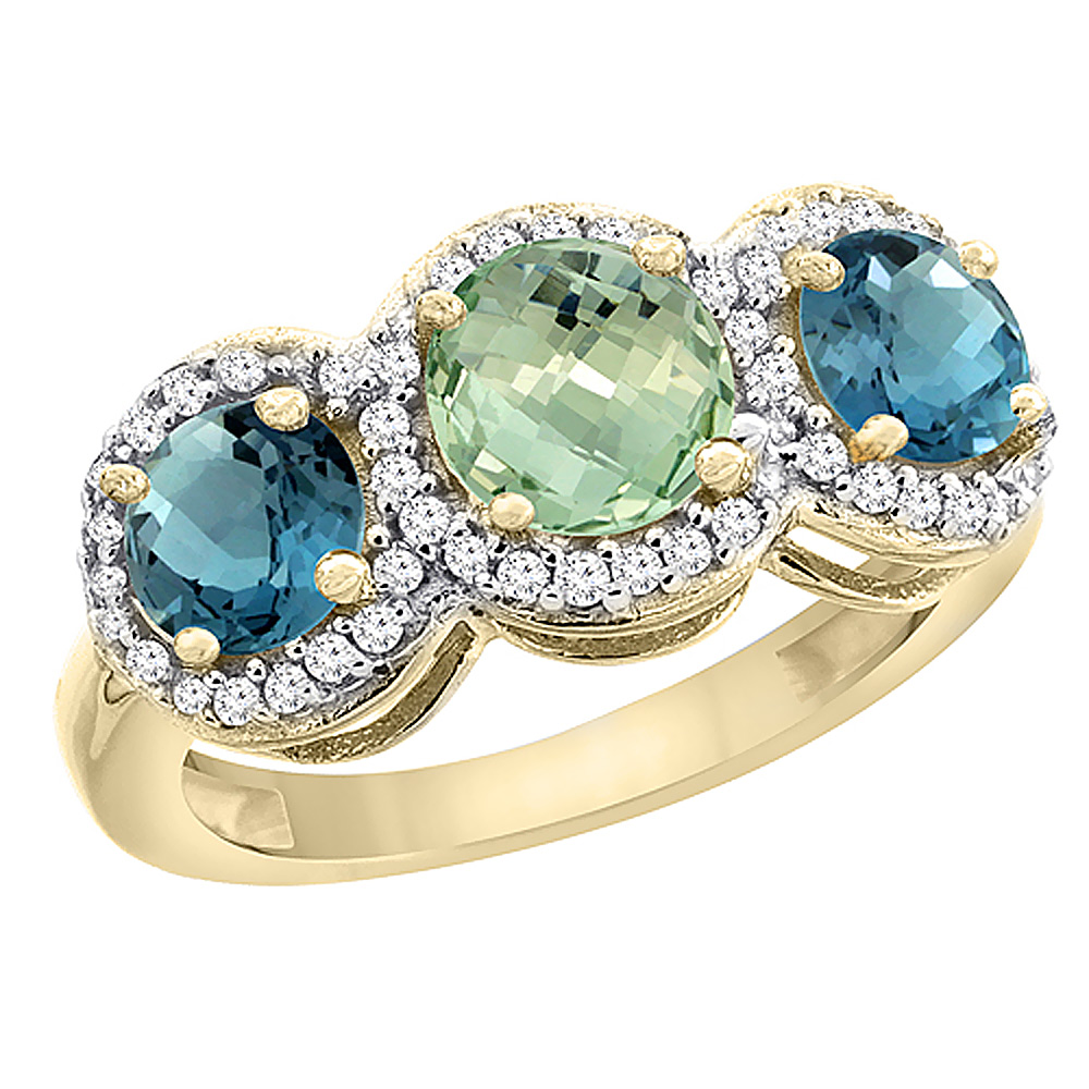 10K Yellow Gold Natural Green Amethyst & London Blue Topaz Sides Round 3-stone Ring Diamond Accents, sizes 5 - 10