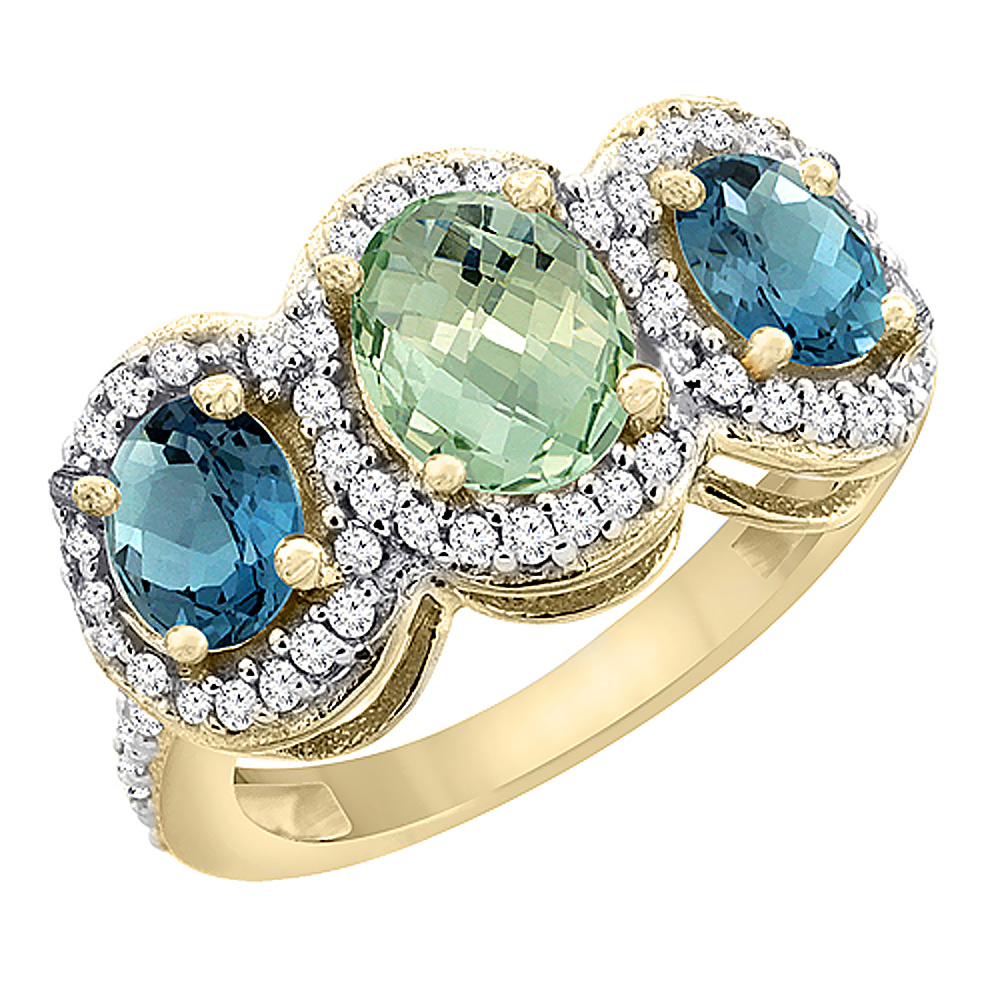 10K Yellow Gold Natural Green Amethyst &amp; London Blue Topaz 3-Stone Ring Oval Diamond Accent, sizes 5 - 10